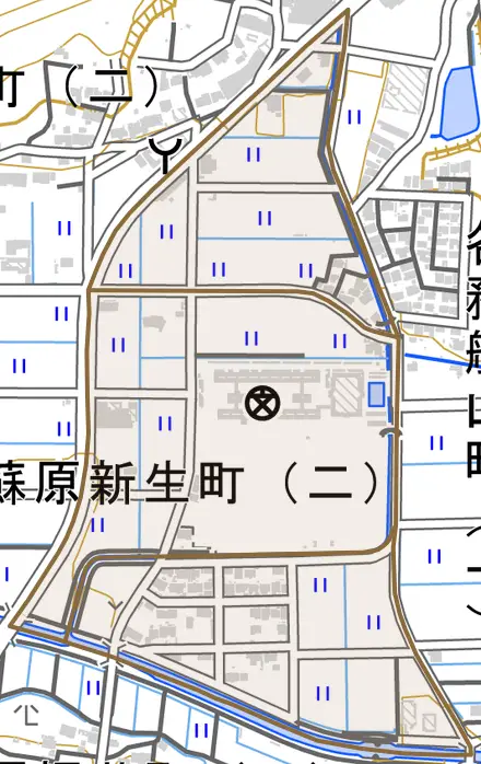 蘇原新生町とその周辺の地図。町の範囲を重ねている