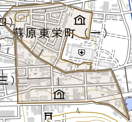 蘇原東栄町とその周辺の地図。町の範囲を重ねている