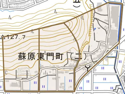 蘇原東門町とその周辺の地図。町の範囲を重ねている