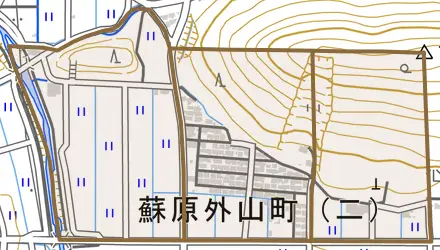 蘇原外山町とその周辺の地図。町の範囲を重ねている