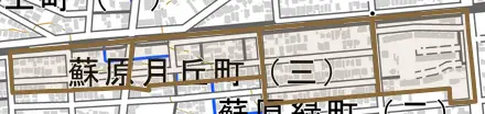 蘇原月丘町とその周辺の地図。町の範囲を重ねている