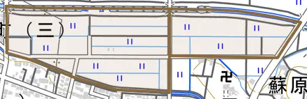 蘇原和合町とその周辺の地図。町の範囲を重ねている