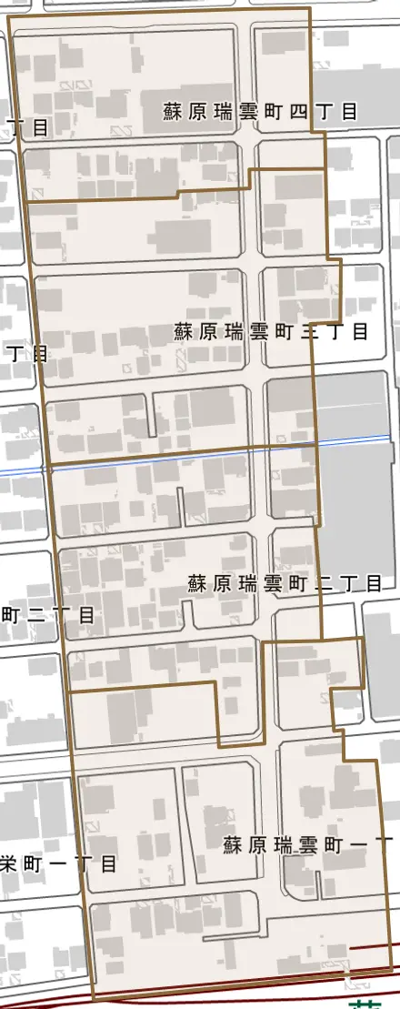 蘇原瑞雲町とその周辺の地図。町の範囲を重ねている