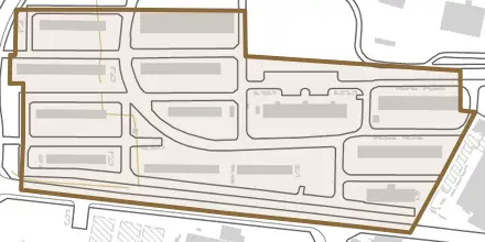 三井町官有地とその周辺の地図。町の範囲を重ねている