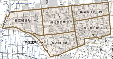 鵜沼朝日町とその周辺の地図。町の範囲を重ねている