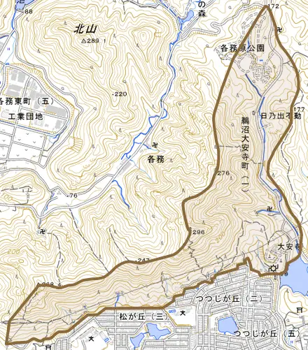 鵜沼大安寺町とその周辺の地図。町の範囲を重ねている