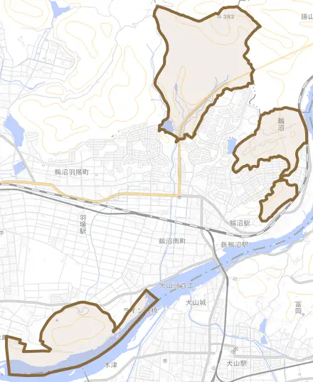 鵜沼とその周辺の地図。町の範囲を重ねている