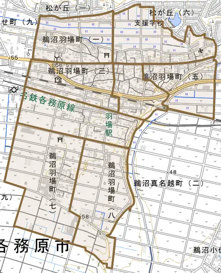 鵜沼羽場町とその周辺の地図。町の範囲を重ねている
