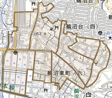 鵜沼東町とその周辺の地図。町の範囲を重ねている