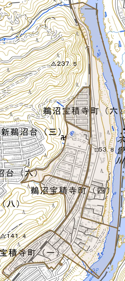鵜沼宝積寺町とその周辺の地図。町の範囲を重ねている