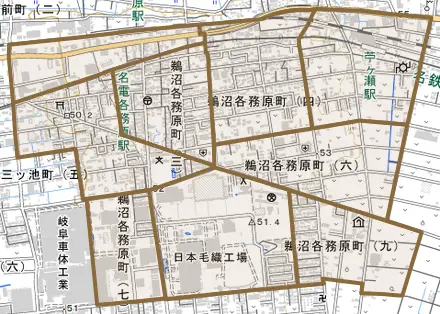鵜沼各務原町とその周辺の地図。町の範囲を重ねている
