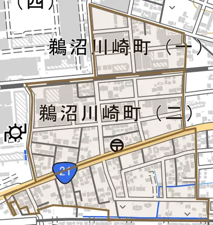 鵜沼川崎町とその周辺の地図。町の範囲を重ねている