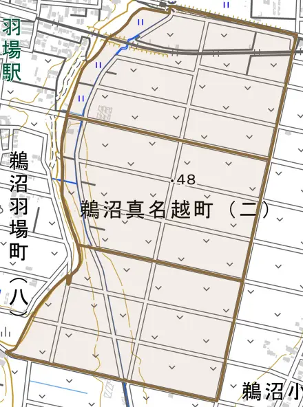鵜沼真名越町とその周辺の地図。町の範囲を重ねている