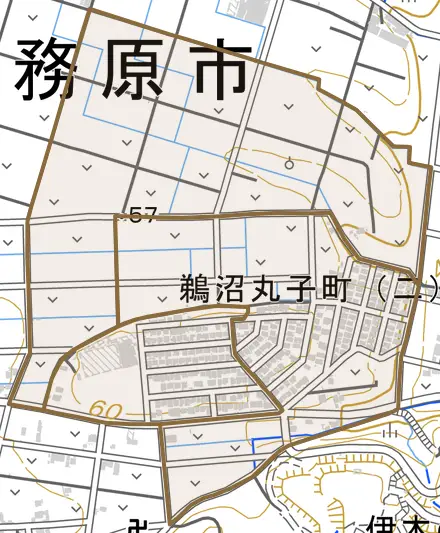 鵜沼丸子町とその周辺の地図。町の範囲を重ねている