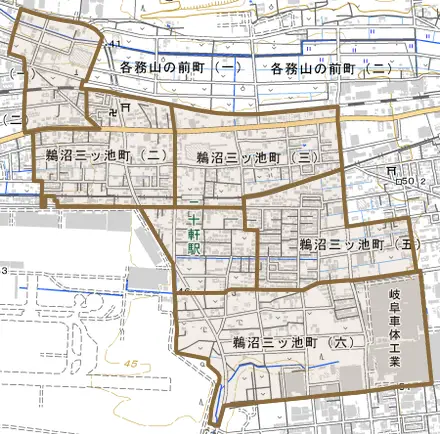 鵜沼三ツ池町とその周辺の地図。町の範囲を重ねている