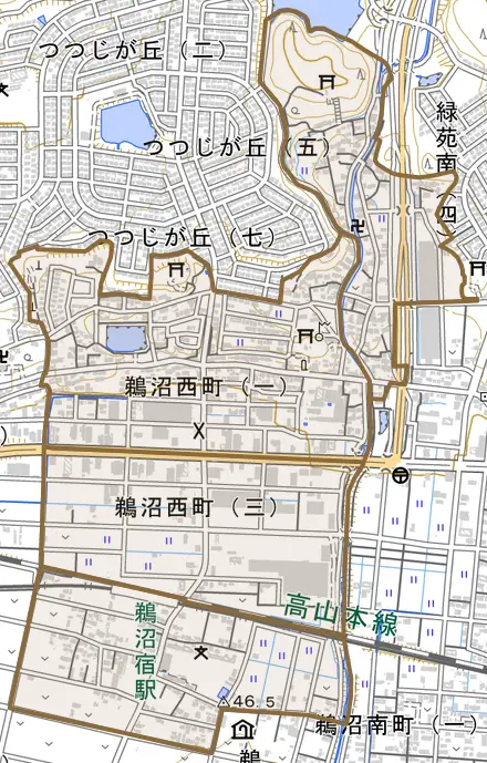 鵜沼西町とその周辺の地図。町の範囲を重ねている