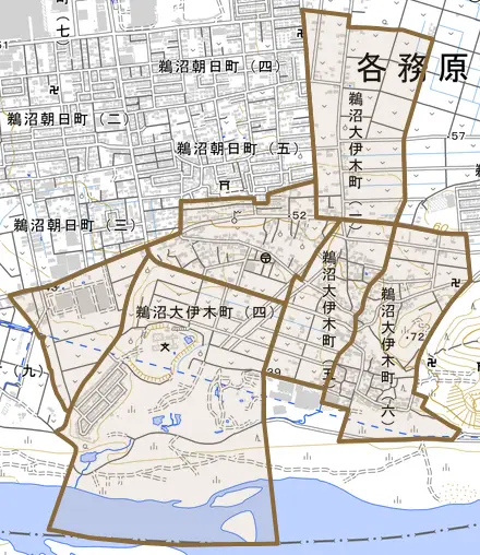 鵜沼大伊木町とその周辺の地図。町の範囲を重ねている