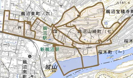 鵜沼山崎町とその周辺の地図。町の範囲を重ねている