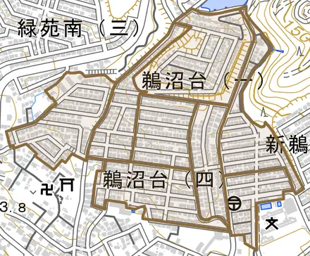 鵜沼台とその周辺の地図。町の範囲を重ねている