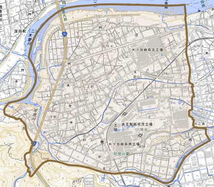土田とその周辺の地図。町の範囲を重ねている