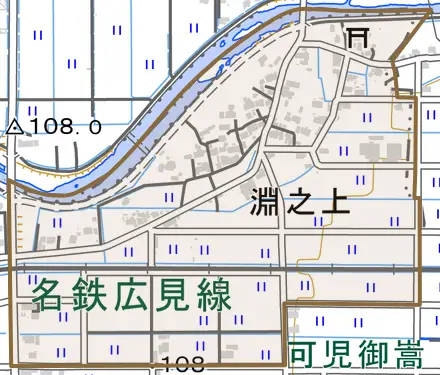 渕之上とその周辺の地図。町の範囲を重ねている