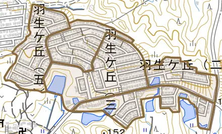 羽生ケ丘とその周辺の地図。町の範囲を重ねている