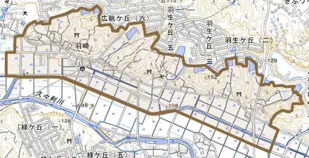 羽崎とその周辺の地図。町の範囲を重ねている