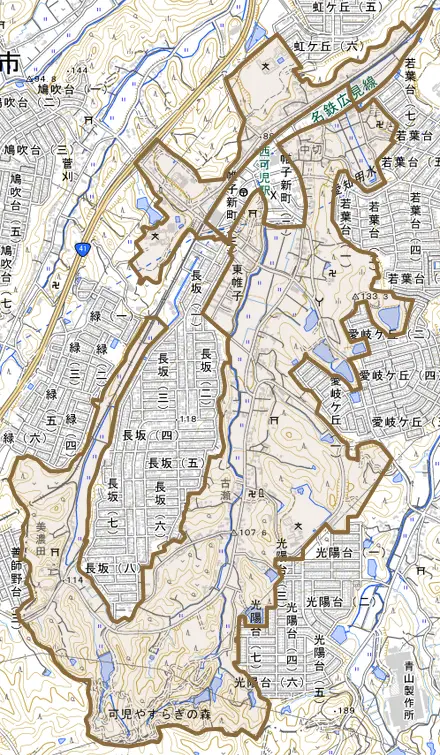 東帷子とその周辺の地図。町の範囲を重ねている