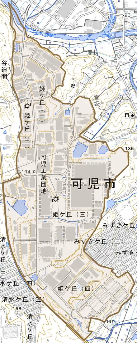 姫ケ丘とその周辺の地図。町の範囲を重ねている