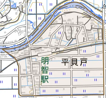 平貝戸とその周辺の地図。町の範囲を重ねている