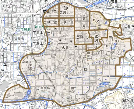 広見とその周辺の地図。町の範囲を重ねている