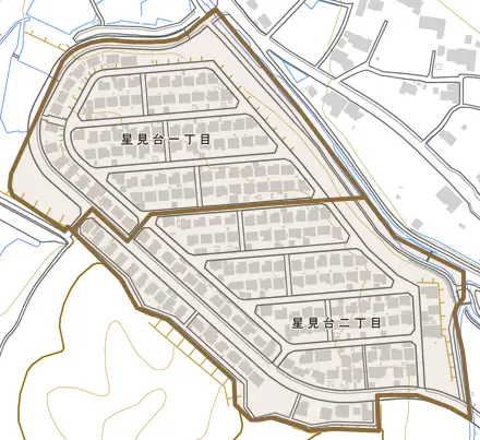 星見台とその周辺の地図。町の範囲を重ねている