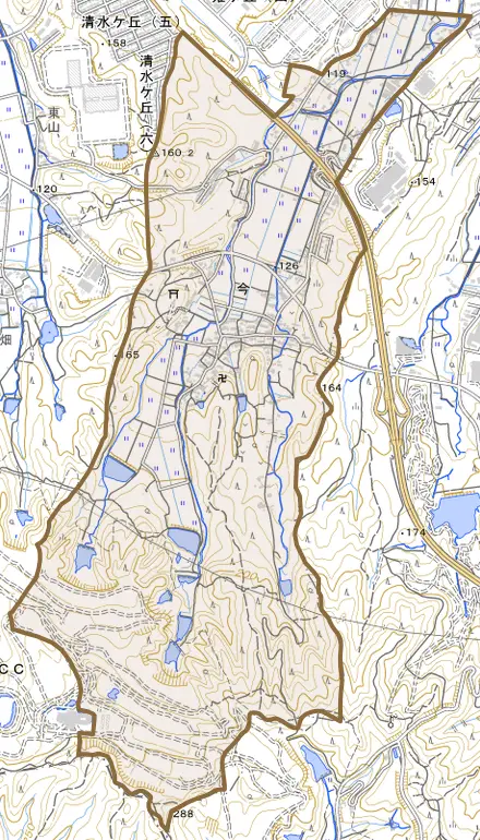 今とその周辺の地図。町の範囲を重ねている