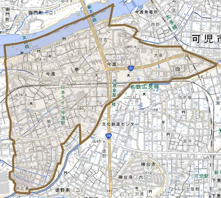 今渡とその周辺の地図。町の範囲を重ねている