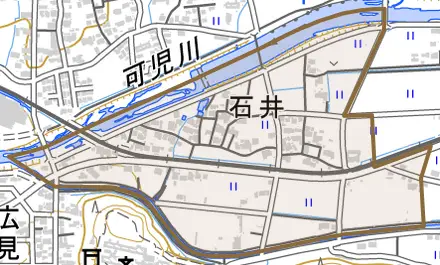 石井とその周辺の地図。町の範囲を重ねている