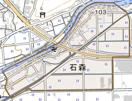 石森とその周辺の地図。町の範囲を重ねている