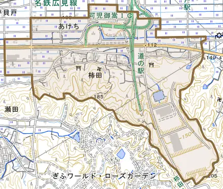 柿田とその周辺の地図。町の範囲を重ねている