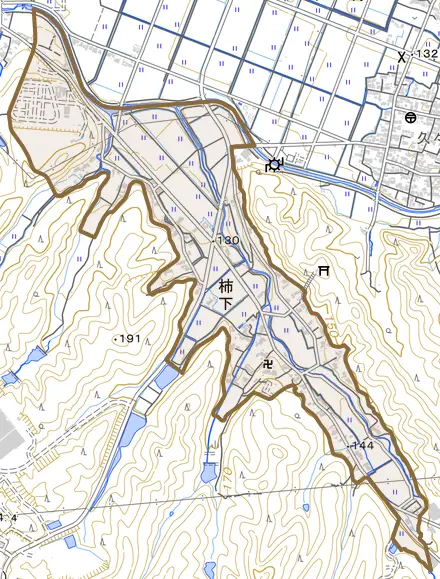 柿下とその周辺の地図。町の範囲を重ねている