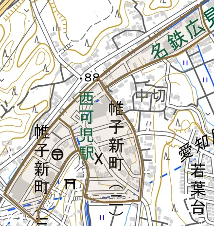 帷子新町とその周辺の地図。町の範囲を重ねている