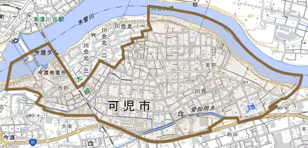 川合とその周辺の地図。町の範囲を重ねている