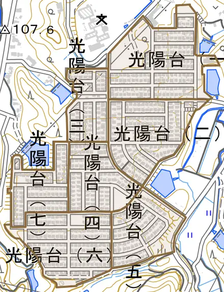 光陽台とその周辺の地図。町の範囲を重ねている