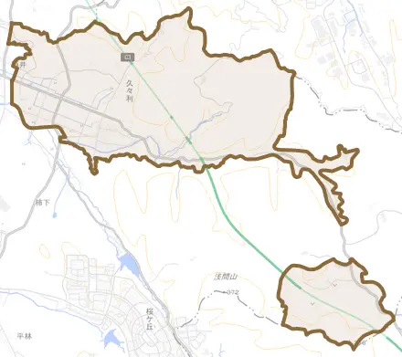 久々利とその周辺の地図。町の範囲を重ねている