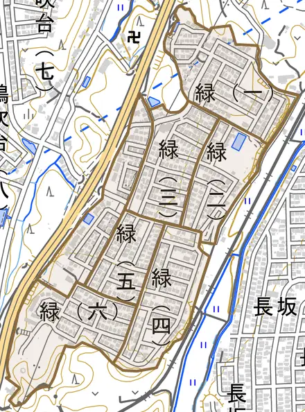 緑とその周辺の地図。町の範囲を重ねている