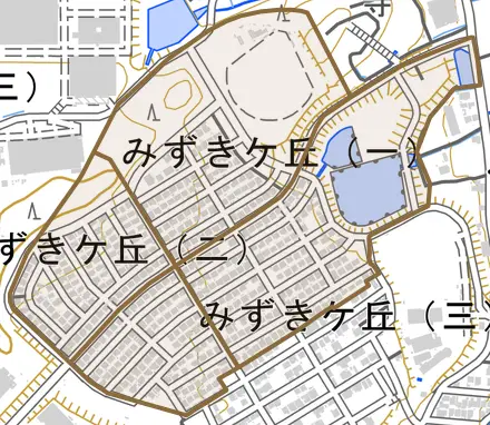 みずきケ丘とその周辺の地図。町の範囲を重ねている