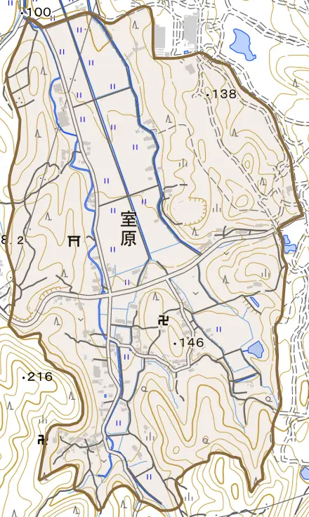 室原とその周辺の地図。町の範囲を重ねている