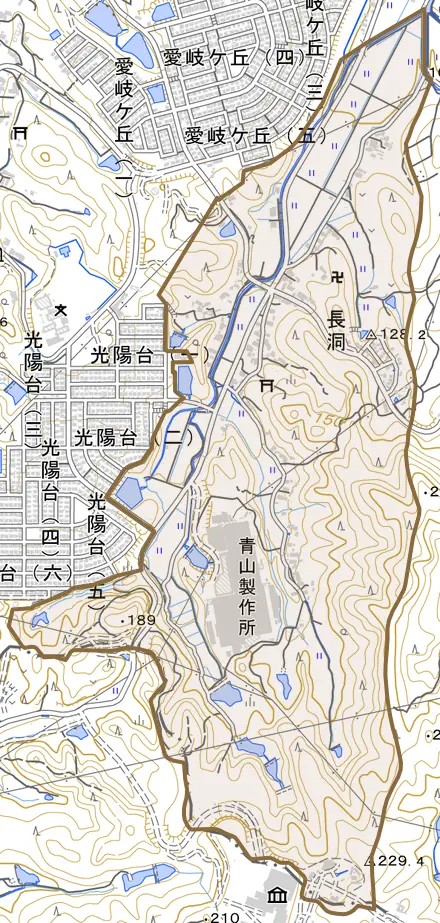 長洞とその周辺の地図。町の範囲を重ねている