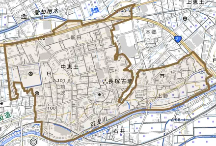 中恵土とその周辺の地図。町の範囲を重ねている