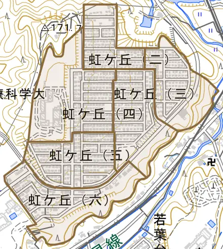 虹ケ丘とその周辺の地図。町の範囲を重ねている