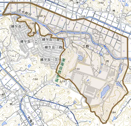 二野とその周辺の地図。町の範囲を重ねている