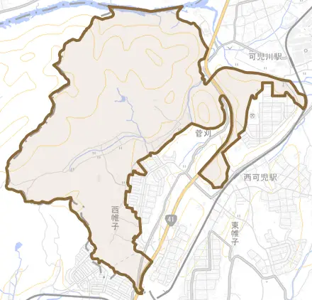 西帷子とその周辺の地図。町の範囲を重ねている